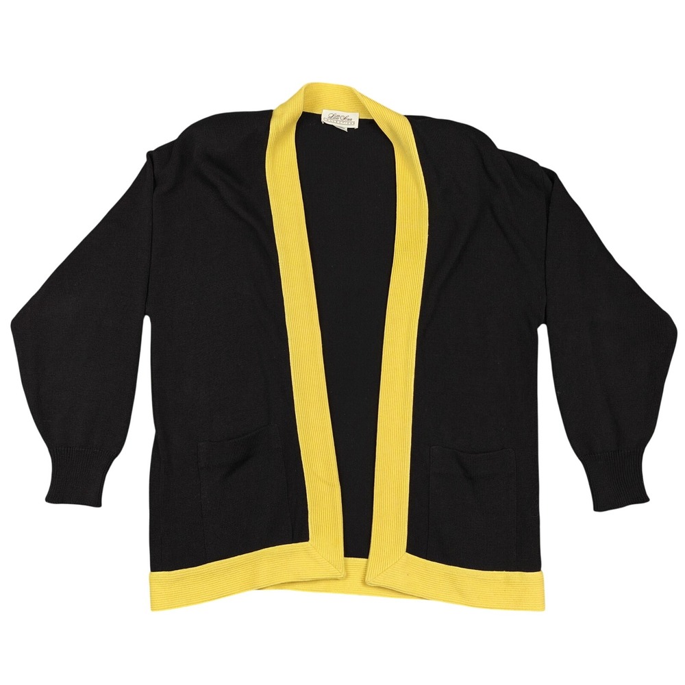 Vintage Lilli Ann Cardigan Womens 12 Black Yellow 100% Cotton Knit Open Front